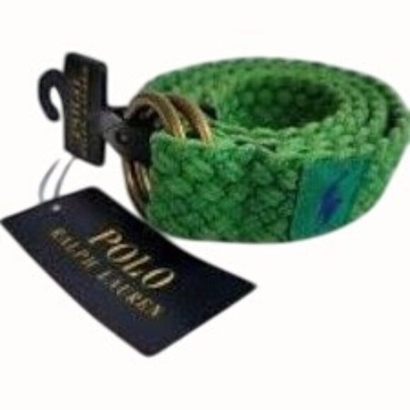 Polo Ralph Lauren Green Webbed Cotton ORing Belt Leather Trim Braided New Large